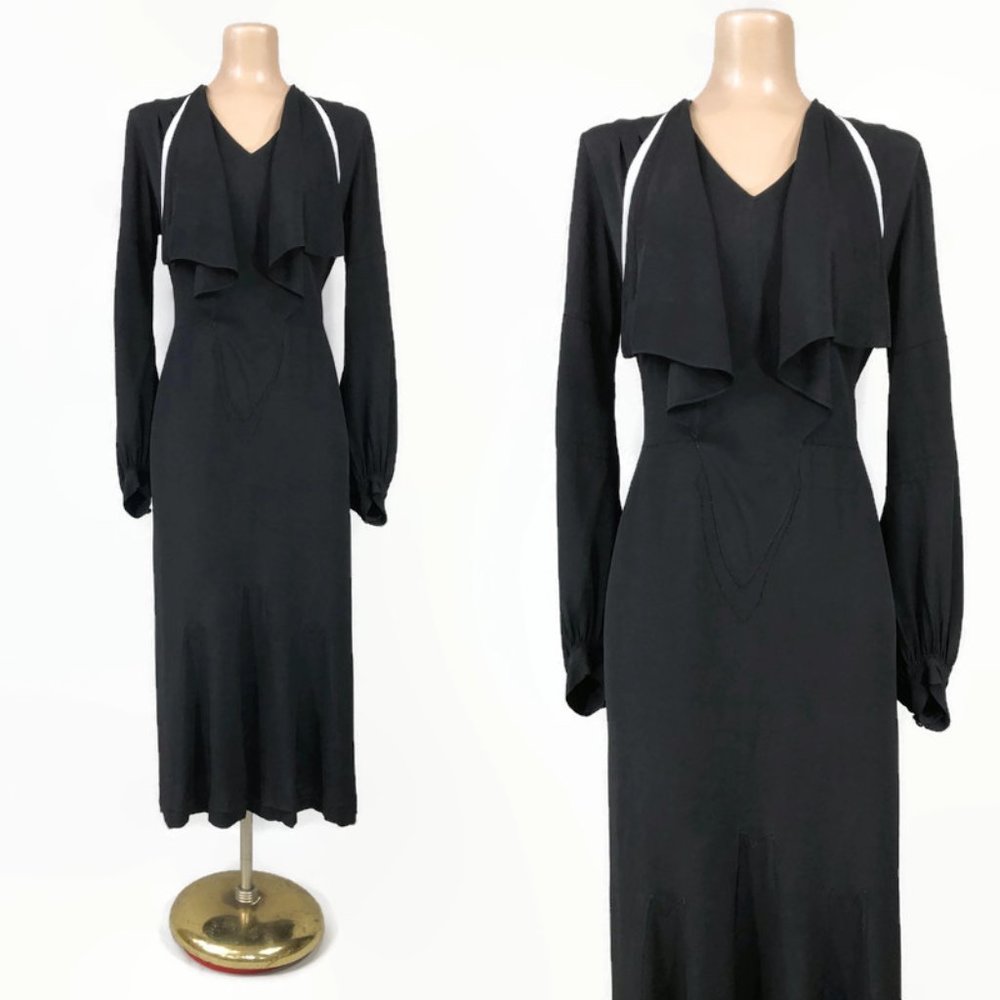 VINTAGE 20s 30's Art-Deco Black and Silver Crepe Dress with Bishop Sleeves VFG